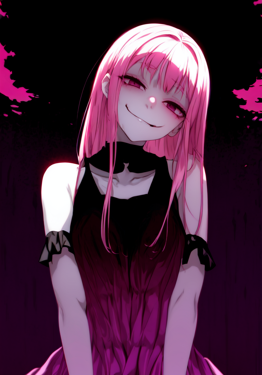 01853-3045354216-masterpiece, best quality, yandere, (evil smile_1.2), from below, , , head tilt, , dark, pink theme, pale skin, (shaded face_1.1.png